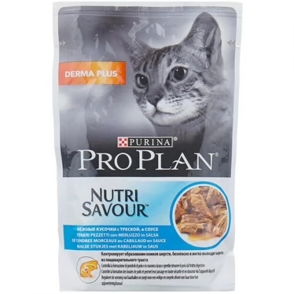 Влажный корм Pro Plan® Nutri Savour® для взрослых кошек с чувствительной кожей, нежные кусочки с треской, в соусе, 26 шт. по 85 г арт. 101282964390 купить в Москве недорого, цена 1495 руб. в интернет-магазине