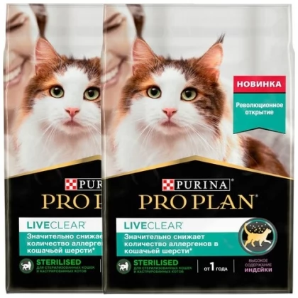 PRO PLAN LIVECLEAR для стерилизованных кошек, снижает количество аллергенов в шерсти, с лососем (1,4 + 1,4 кг) арт. 101761073927 купить в Москве недорого, цена 3935 руб. в интернет-магазине